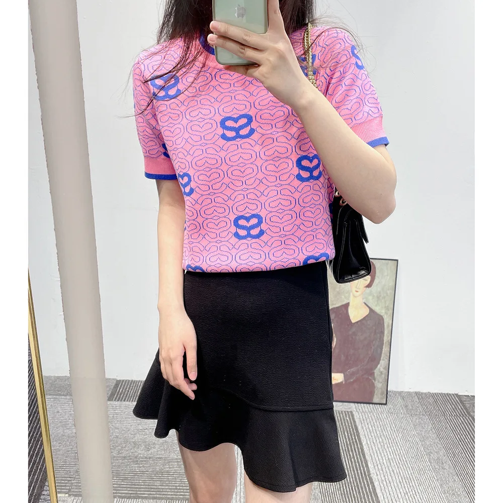 High Quality Spring Summer Short Sleeve T-shirt Contrast Color Jacquard Letters Women Knitted Shirt All-match Female Sweater Top