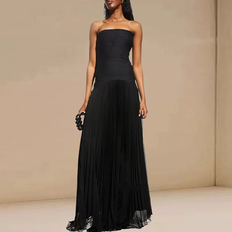 أنثى قبالة الكتف عالية الخصر بلون مساء اللباس أزياء الصيف فساتين عارية الذراعين مثير حمالة سليم مطوي فستان طويل #3