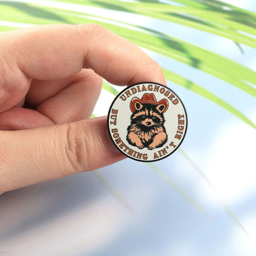Lustige Waschbär-Emaille-Pin „Nicht diagnostiziert, aber irgendetwas stimmt nicht“ Brosche Niedlicher Cowboy Trash Panda Abzeichen Metall-Anstecknadel Schmuck Geschenk – Detail 4