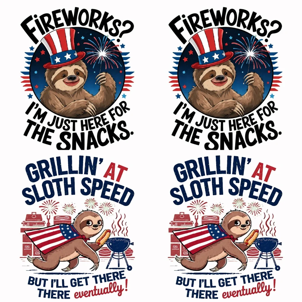 4PCS 9.84in DIY iron on transfers,  Fireworks Snacks Sloth Easy to transfer heat, suitable for T-shirts,  washable stickers