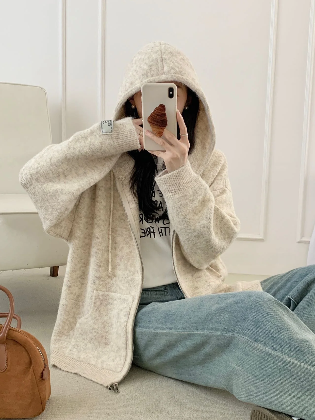 Laid-ba Sle Damen-Strickjacke mit Kapuze und Reißverschluss, verdickte Oberbekleidung, lässiger Freizeit-Mantel aus Kamelhaar