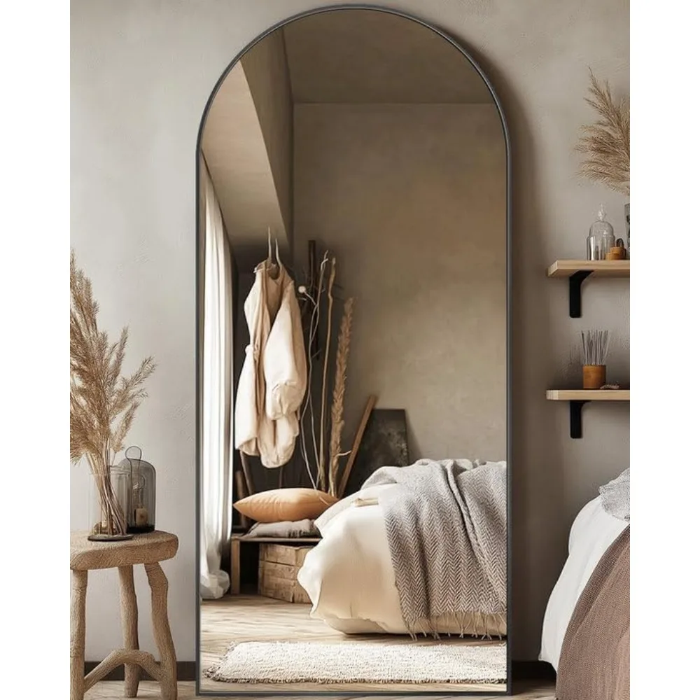Espejo de suelo estilo arco de gran tamaño, 26x68 pulgadas, negro, adecuado para dormitorio, sala de estar y guardarropa