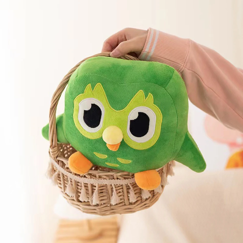 Lindo Anime Duolingo búho verde juguete de peluche Plushie de Duo el búho dibujos animados Anime búho muñeca suave Animal relleno niños regalo de cumpleaños