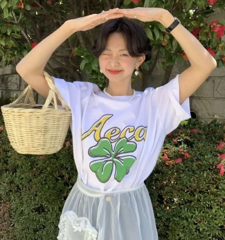 

Футболка Miss Candy RAECA с принтом «четырехлистный клевер» и надписью, свободного кроя, летняя, хлопковая, повседневная