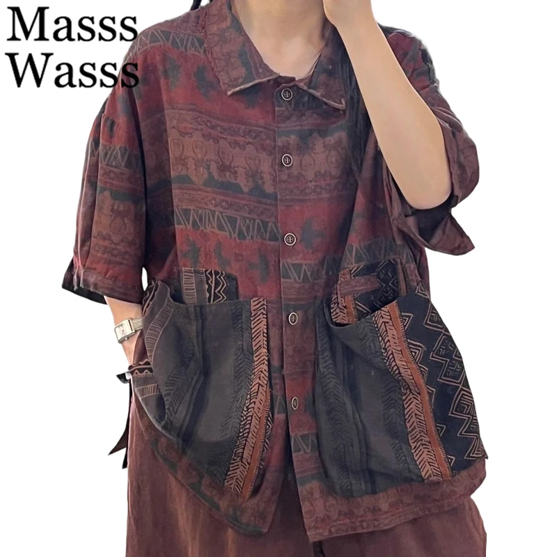 

Masss Wasss Summer Tops Womens Classic Casual Fashion Shirts Ladies Vintage Loose Printed Blouses Leisure Linen Cotton Clothes