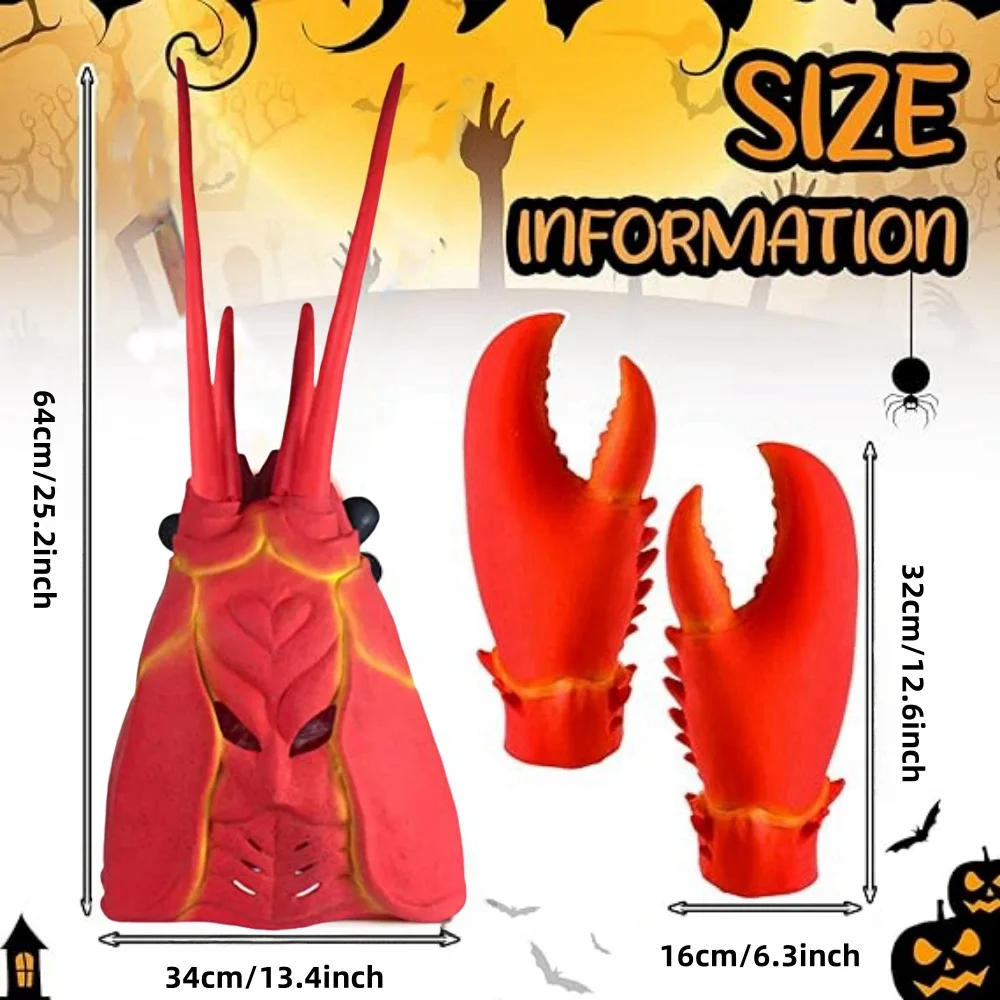 Realistic Lobster Head Mask Giant Crab Claw Gloves Halloween Role Play Full Head Latex Props Funny Animal Head Accessories Adult