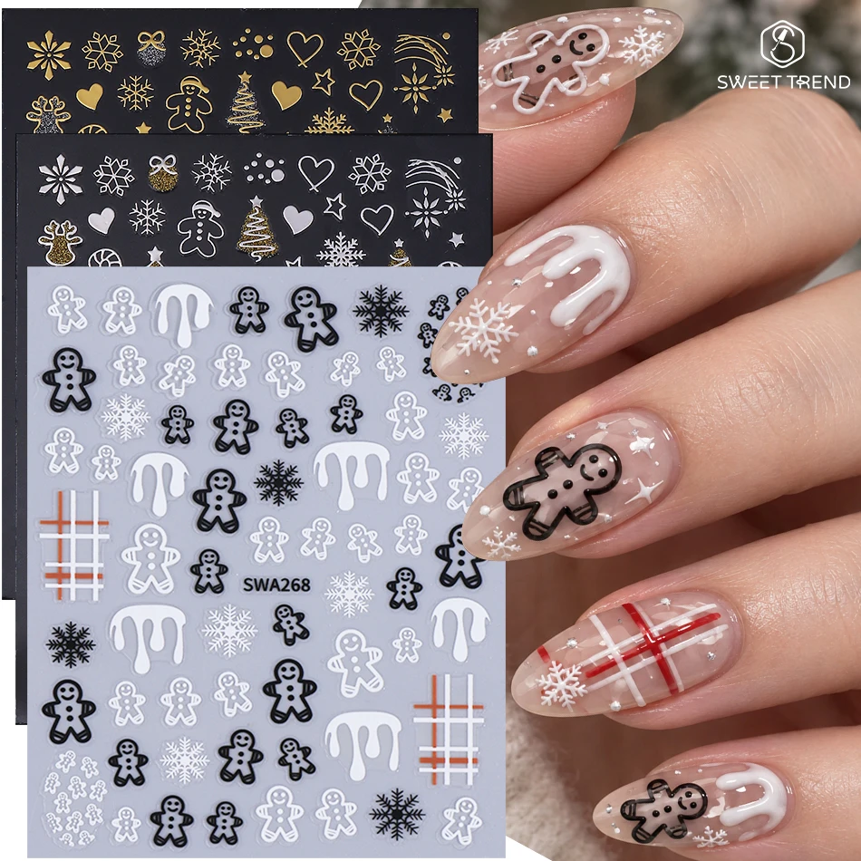 2/3pcs Christmas Nail Stickers Black White Gingerbread Man Candy Cane Snowflake Xmas Tree Nail Decals Holiday DIY Manicure Decor