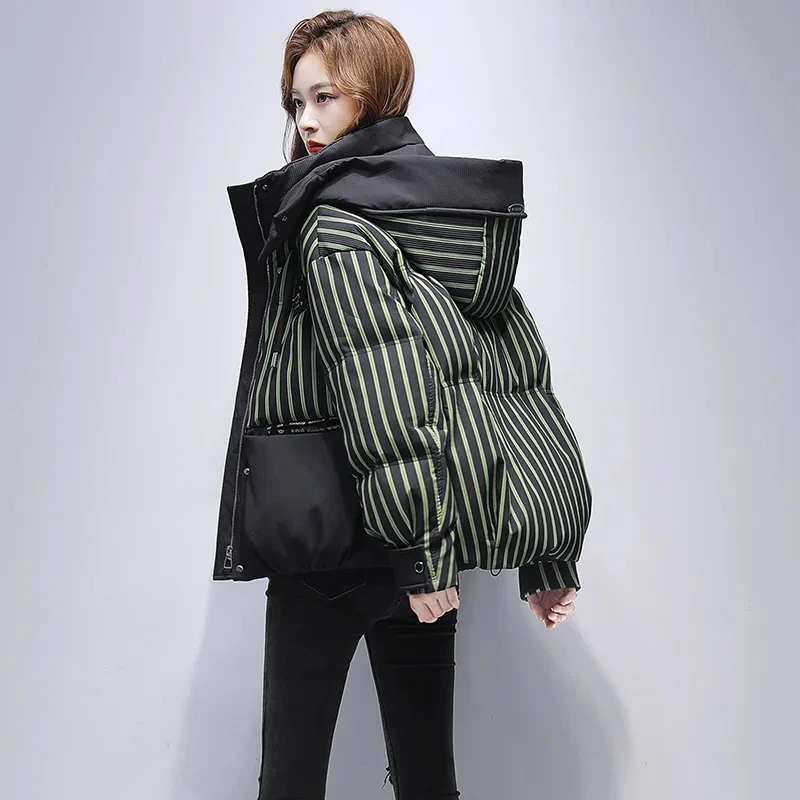 2023 Autumn Winter Loose Hooded Down Cotton Parka Casual Stripe Warm Women's Jacket Long Sleeve Zipper Outerwear Female