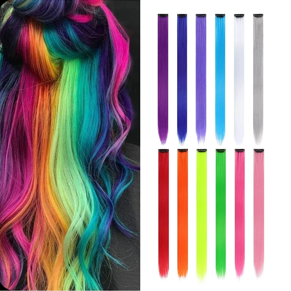 

22Inch Synthetic Straight Clip In Hair Extensions Hairpieces Rainbow Colors Hair for Party Football Accessories World Cup Wig