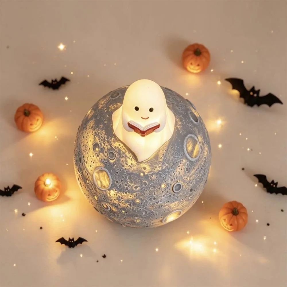 Moon Decor LED Ghost Nightlight Cute Creative Spooky Lamp Button Cell Battery-Operated Glowing Halloween Ornament Desktop