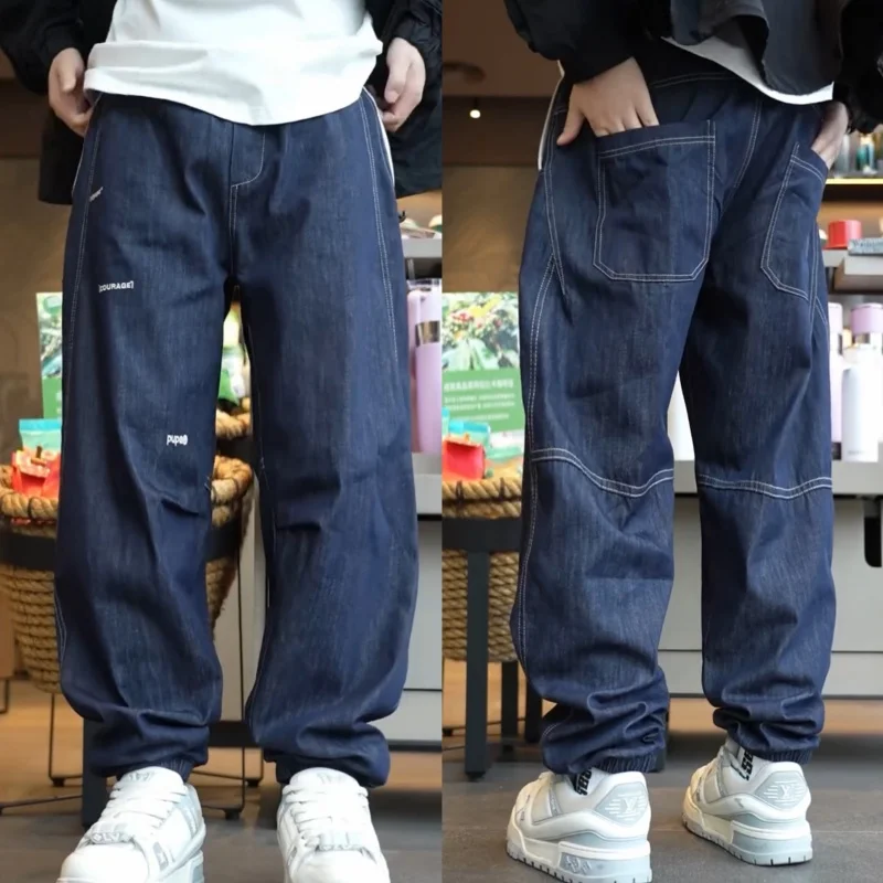 

New Autumn Fashion Embroidered Loose Casual Jeans Men's American High Street Versatile Thin Denim Pants Drawstring Waist Cott...