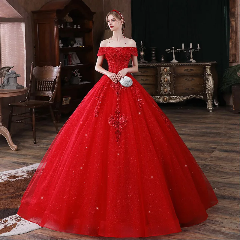

Starry Sky Red Light Main Wedding With Long Train Off-shoulder Slimming Petite Bride Plus Size Women's Dress Floor Length Gowns