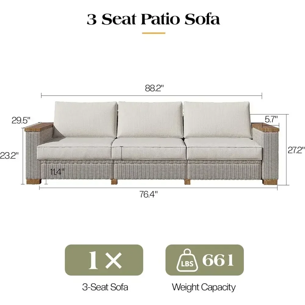 3-Seat Outdoor Patio Sofa, Weather-Resistant Wicker Couch, Solid Wood Arms, 4.7 Thick Cushions, UV-Protected for Porch, Backyard