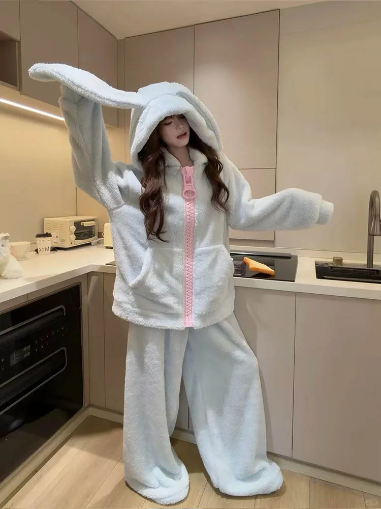 cute-rabbit-ear-coral-fleece-sleepwear-women's-loose-home-clothes-outerwear-suitable-autumn-winter-set-cartoon-style-long-sle