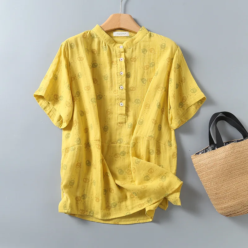 New Spring Cotton Yarn Casual Retro Shirt Women Short Sleeve Stand Neck Top Girl OL Loose Sweet Blouses 2024 Summer T447118QM