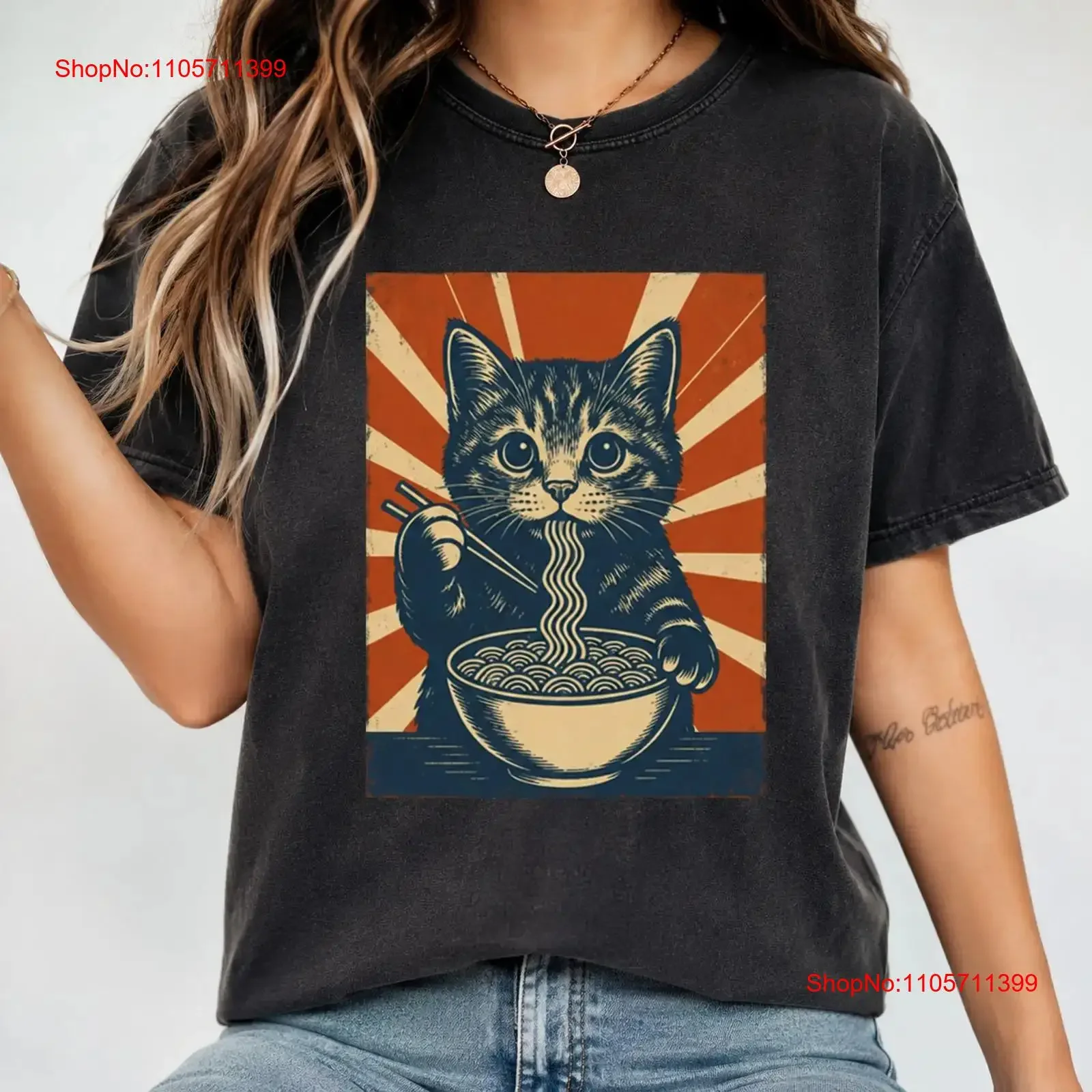 Camiseta Noodle Cat Ramen Kawaii de anime japonés, manga larga o corta, estilo vintage, lavado, gráfico elegante, ropa informal de calle