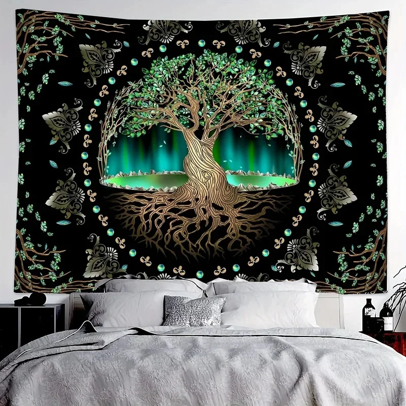 VIKAMA Tree of Life Tapestry Aurora Borealis Floral Border Print Wall Hanging Art Decor for Bedroom Living Room Home Decoration