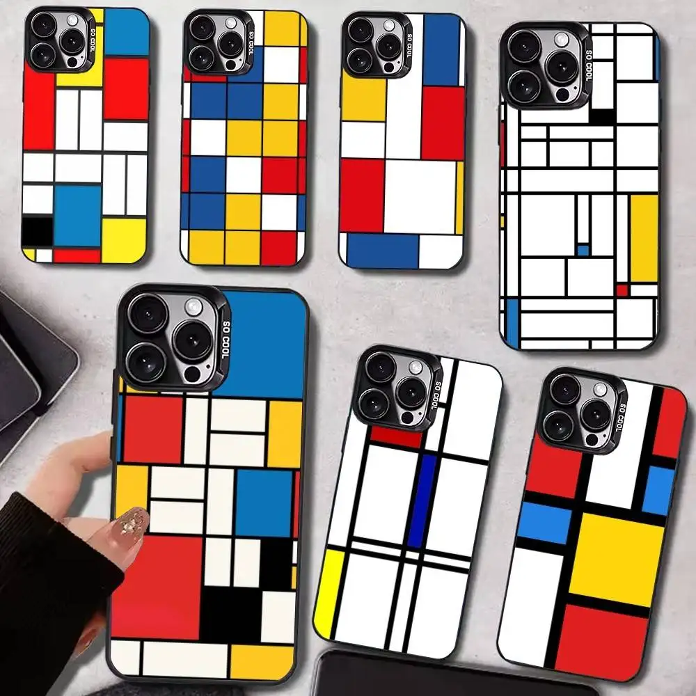 Custodia per telefono con motivo artistico astratto P-Piet M-Mondrian per iPhone 17,16,15,14,13,12,11 Plus,Pro Max, custodia per telefono color argento