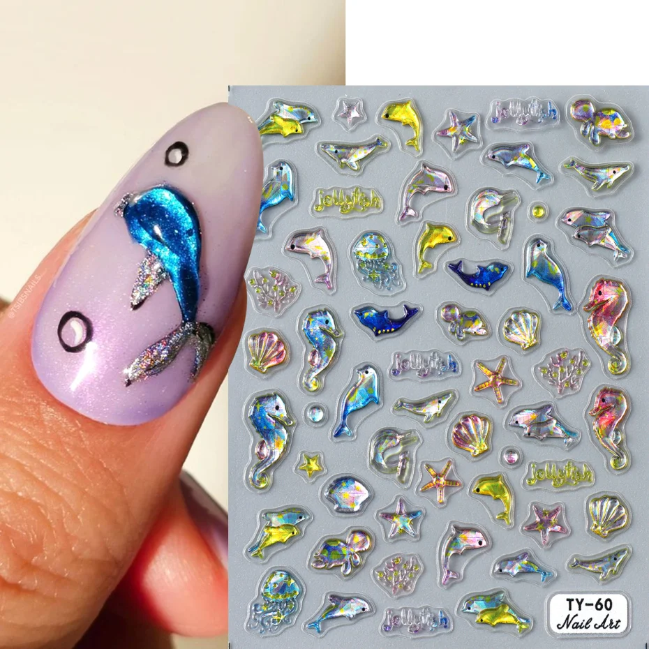 5D น่ารัก Dolphin สติ๊กเกอร์เล็บ SHINY Seashell ปลาดาว Ocean สัตว์ออกแบบฤดูใบไม้ผลิฤดูร้อน Jelly กาว Decals ตกแต่งเล็บ
