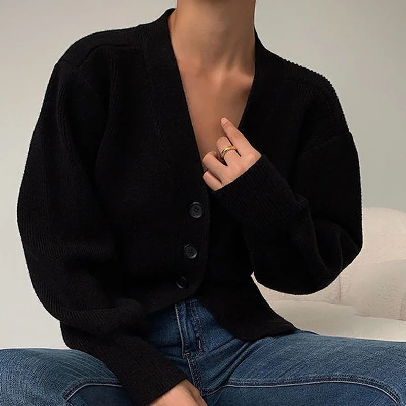 Cardigans Women V-neck Crop Prevalent Classic Leisure Sweater Chic Elegant Korean Style Lantern Sleeve Femme Knitwear Pure Retro