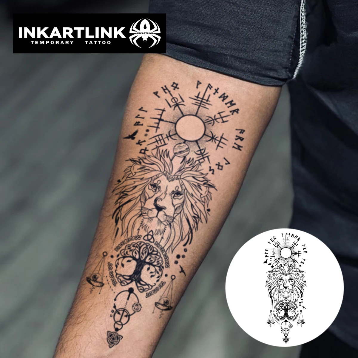 Lion And Balance Temporary Tattoo,Lasts To 15 Days New Technology Magic Waterproof Semi Permanent Sticker,For Men's  Parties.