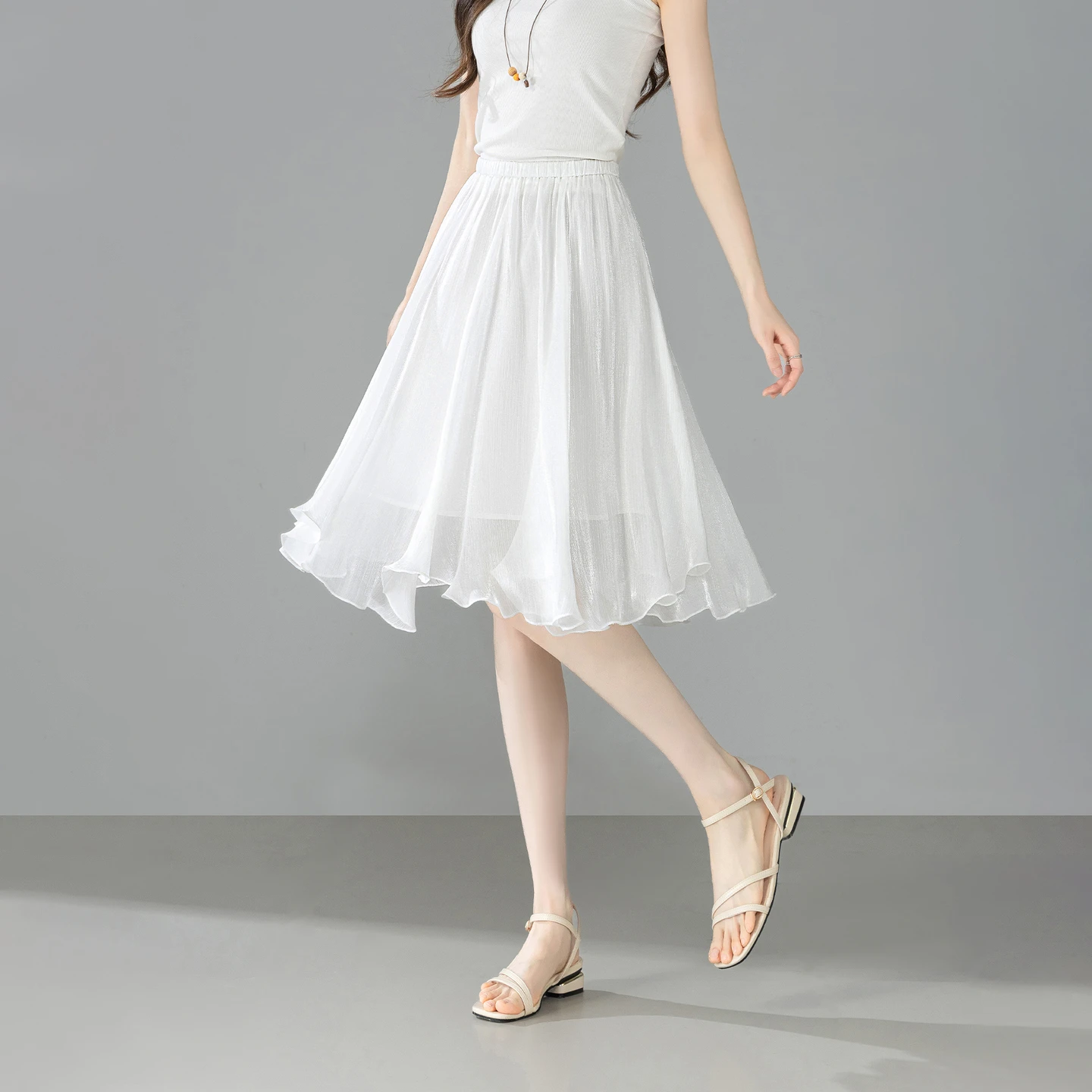 SENTUBILA White Chiffon Shimmering Flow Skirt Women 2026 Summer Elegant Elastic Waist Irregular Casual Umbrella Skirt Q62QG7308