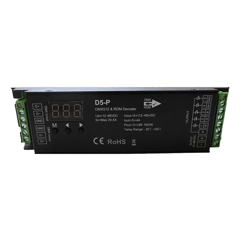 Controlador LED PWM RGBCCT, decodificador DMX de 5 canales con RDM y pantalla Digital para Control de iluminación mejorado