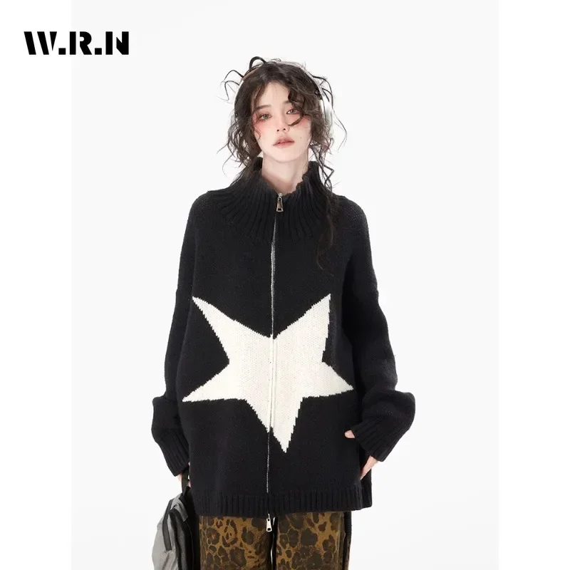 

Women Vintage Star Print Knitting Long Sleeve Oversized Cardigans 2023 Winter Casual Single Breasted Fashion Baggy Sweater