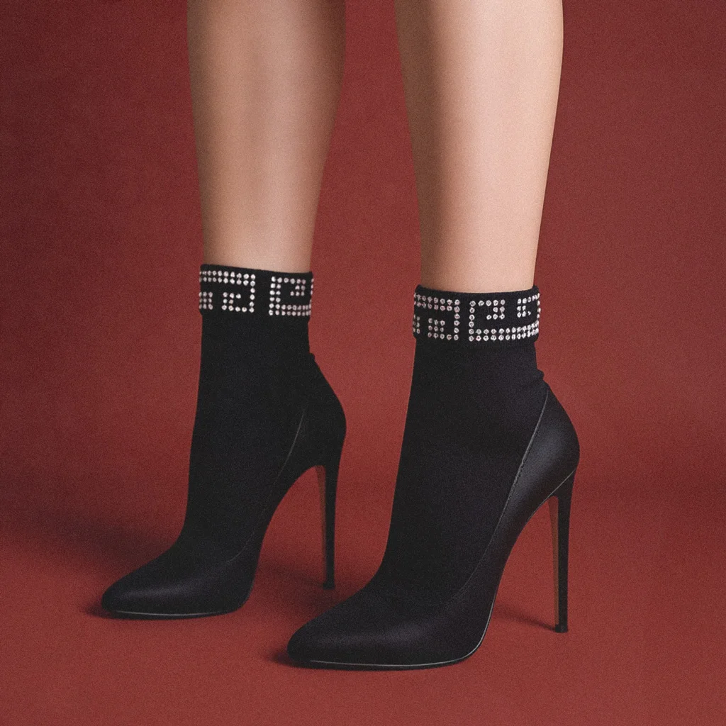 Czarne aksamitne skarpetki do kostki z białymi cyrkoniami w stylu chińskim, 120 den, błyszczące obuwie dla kobiet.