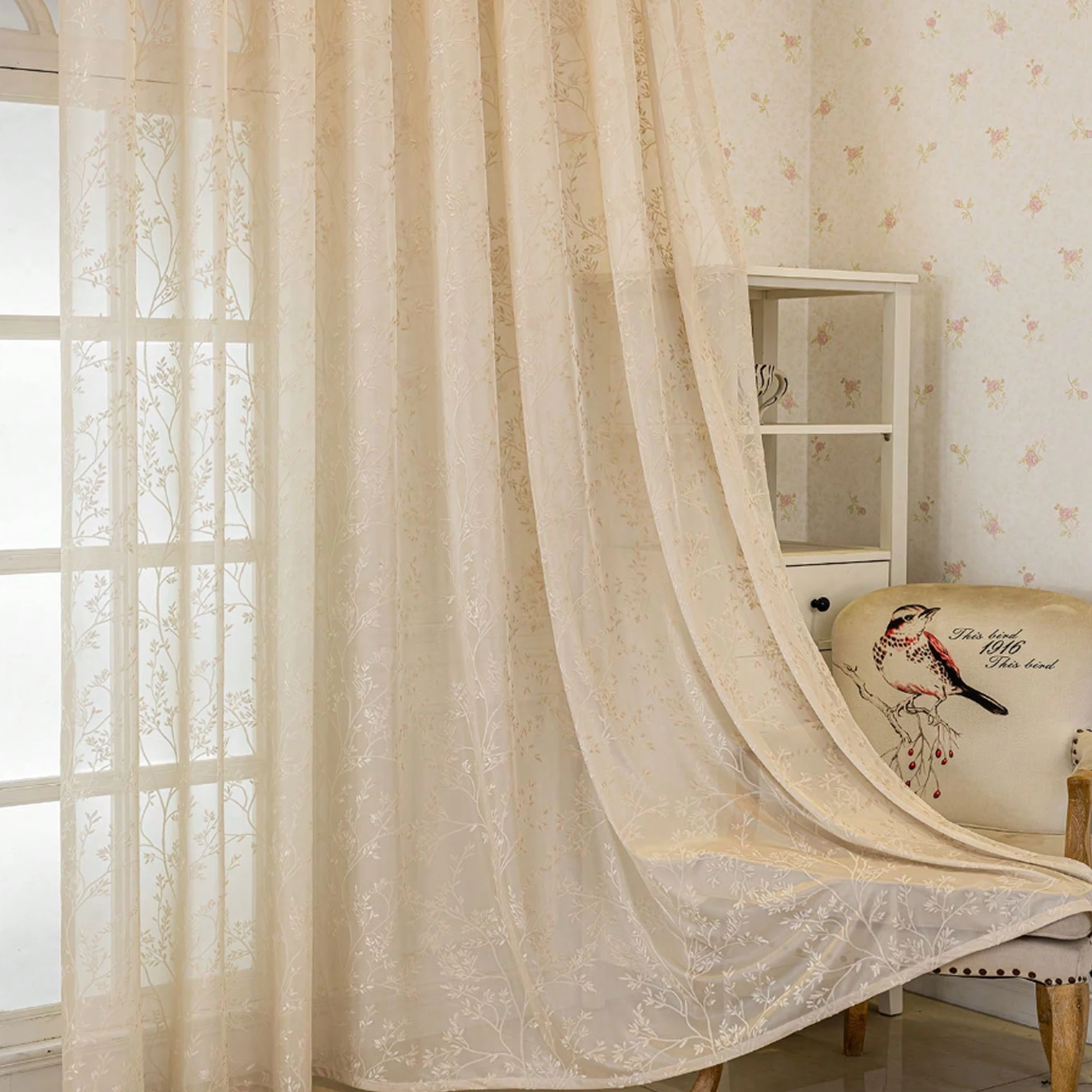 1pc Nordic Healing Champagne Gold Leaf Embroidered Window Curtain,  Natural Texture for Cozy Bedroom