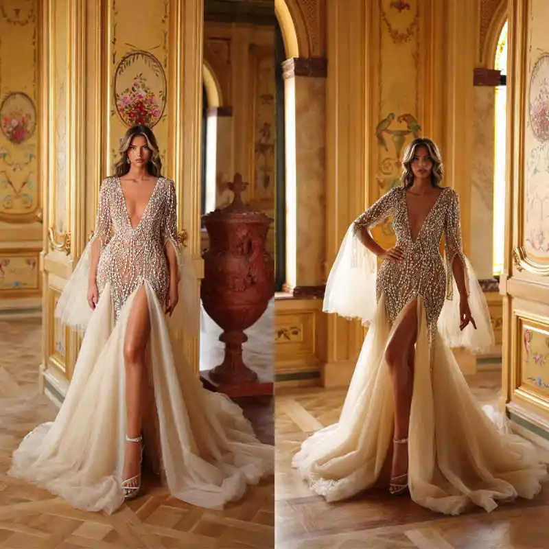 

Sexy High Slit Wedding Dresses Deep V Neck Long Sleeve Bridal Gowns Cystals Vestidos De Novia Customized