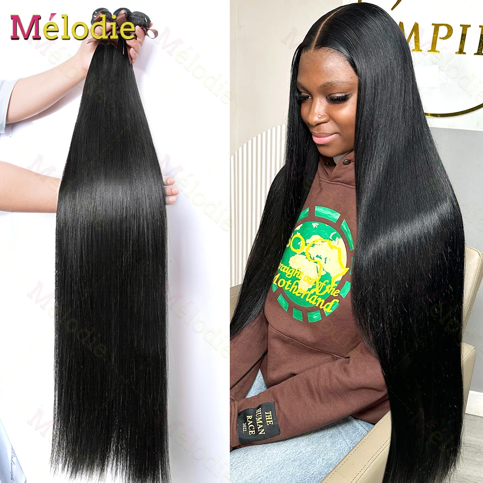 MELODIE 40 42 Inches Bone Straight Human Hair Weave Bundles Human Hair Extensions 3 4 Bundles Double Weft Bulk Braiding Hair