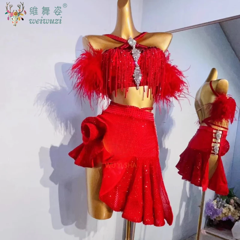 Vêtements de concours de danse latine personnalisés, robes de luxe haut de gamme avec pierres AB et plumes, Costumes de spectacle Tango ChaCha Samba