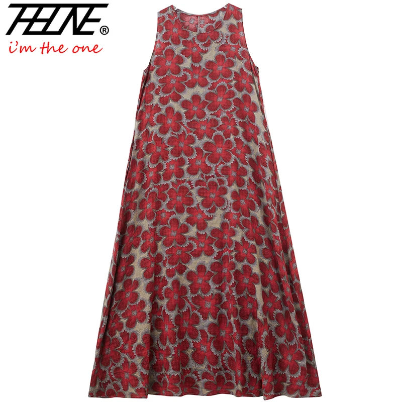 THHONE Summer Print Loose Women Robe Cotton Dress Sleeveless Casual Beach Style Long Ladies Womens Dresses Vestidos Para Mujer