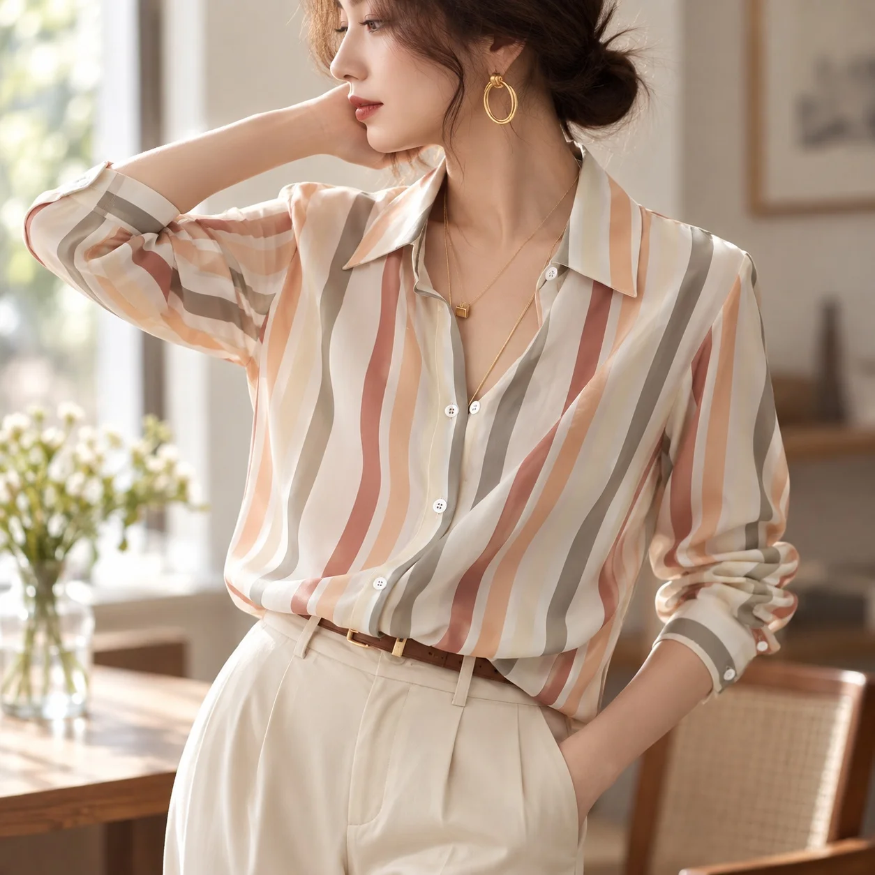 Striped Turn Down Collar Shirt Elegant Regular Fit Midi Length Women Blouse with Slightly Stretchy Patchwork Woven Notched Lapel