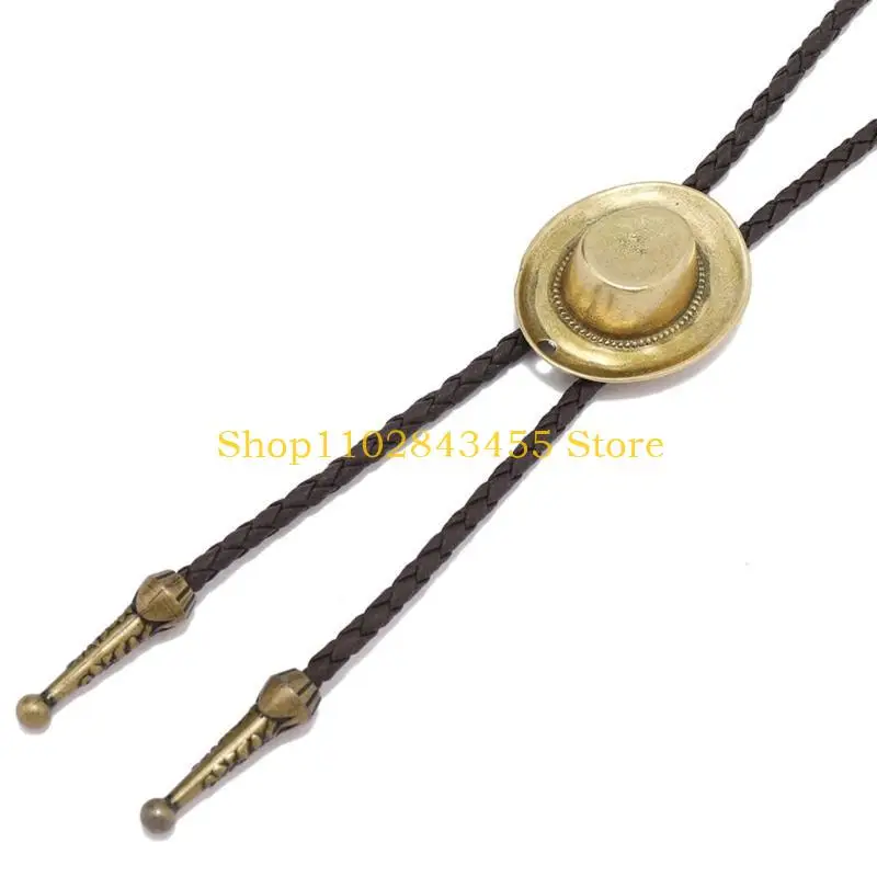 49MC Vintage Metal 3D Cowboy Hat Bolo Tie Western Punk Faux Leather Braided Rope Necktie Jewelry Shirt Chain Necklace for Men