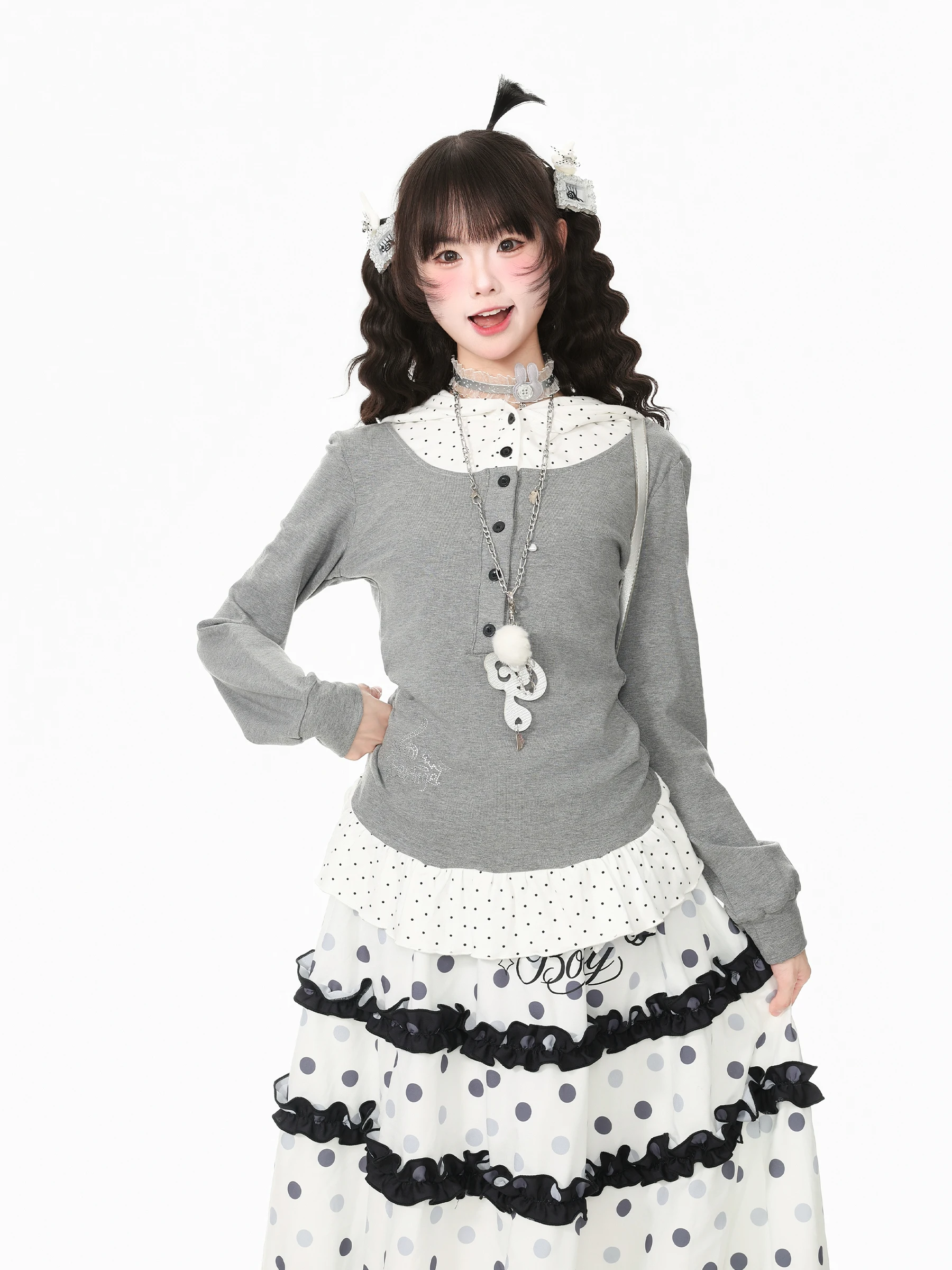 Blue Ghost Park Languid Park Polka Dot Rabbit Ear Hooded Long Sleeve T-Shirt Women's Casual Top Soft Comfortable Autumn Wear