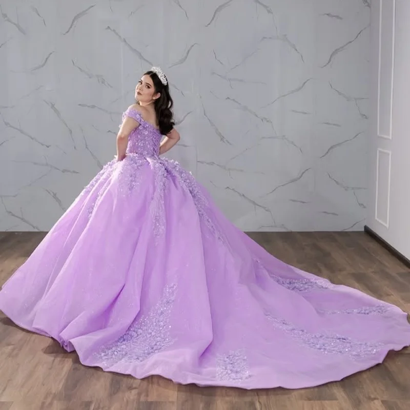 ที่กําหนดเองลาเวนเดอร์สีม่วง Quinceanera ปิดชุดไหล่ Tull คริสตัล applique 3D ดอกไม้ Vestido De 15 Quinceanera