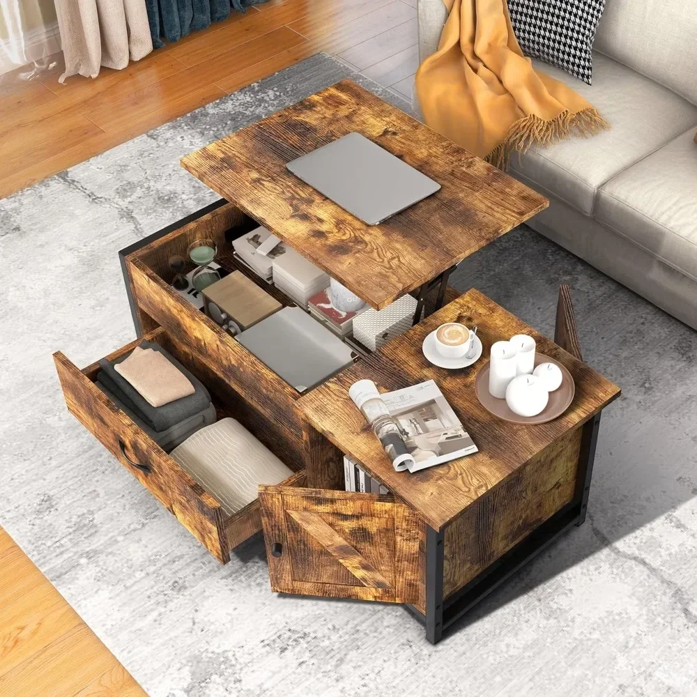 Table basse relevable avec rangement, compartiment GNE, armoire à porte de grange, table centrale, table basse, 41.7 po