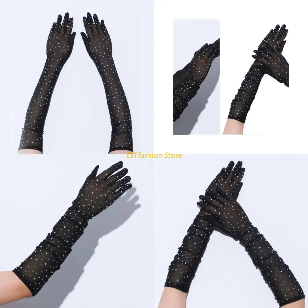 y5gc-女性ラインストーンデザインフルフィンガーグローブ弾性ナイトクラブパーティー歌グローブ