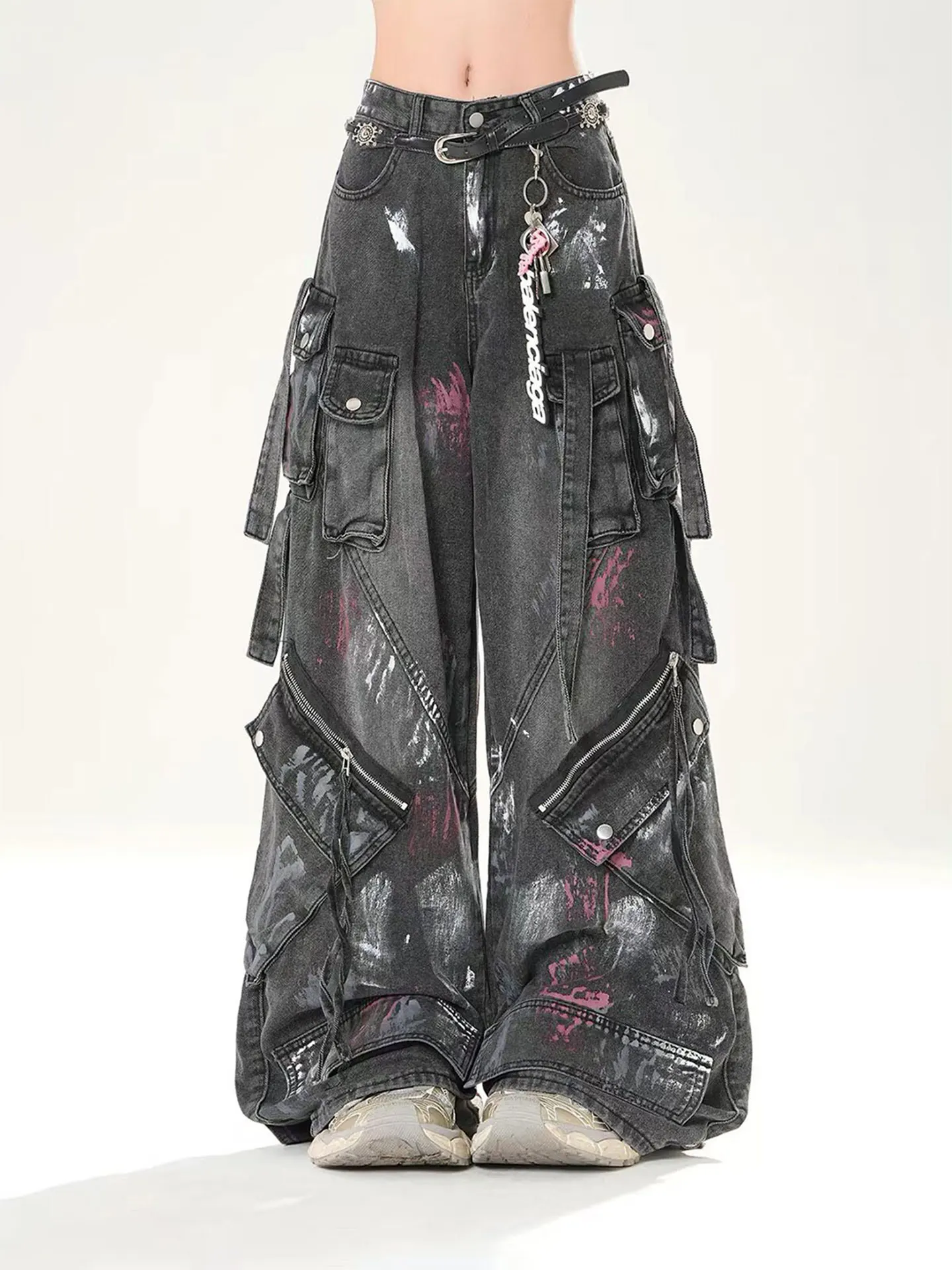 

American High Street Dyed Multi-Pocket Workwear Denim Wide Leg Pants Women Summer Elegant Drapey Pleated Straight Long Trousers