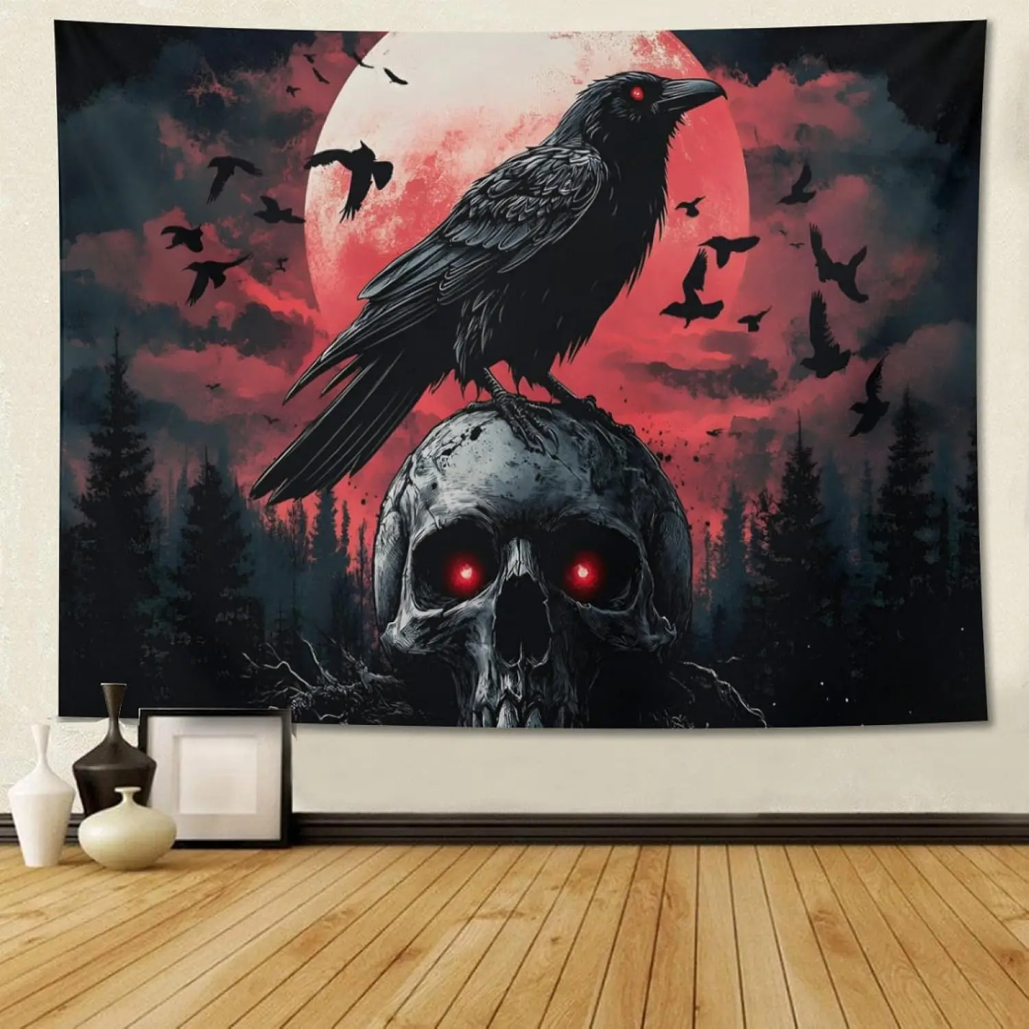 Gothic Crow Skull Moon Wall Tapestry Decor Art Hanging Print Dark Fantasy Halloween Horror Poster Bedroom Living Room Curtain Ba