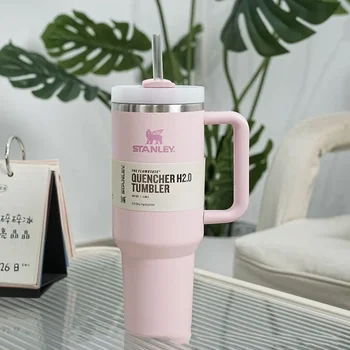 핸들 빨대 뚜껑이 있는 자동차 텀블러, 이중 절연, 매끈한 스테인리스 스틸, Stanley 40 Oz, 2024 년 최신 제품