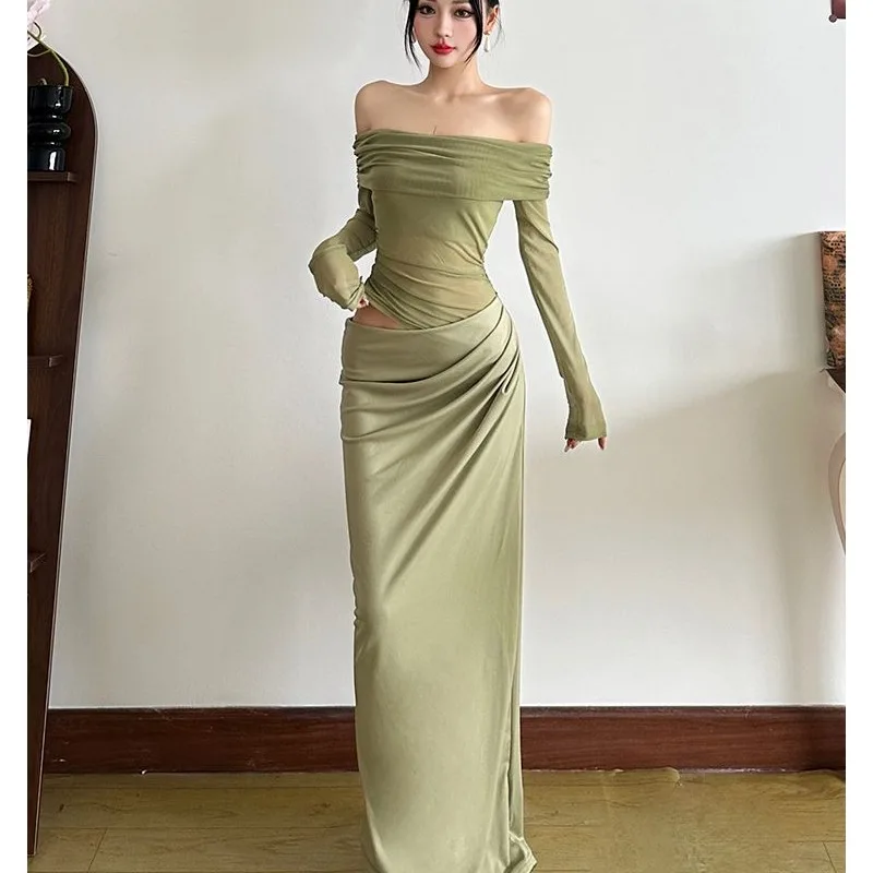 Green Lace One-Shoulder Dress Women's Hollow out Waist-Cut Slim Fish Tail Skirt Style Summer Fashion Elegant Ladylike