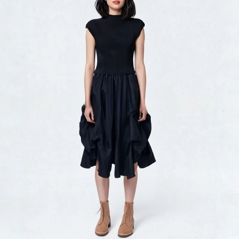 Miyake Pleated Women's Dress Sleeveless Vest Long Elegant Temperament Loose Waist Irregular Large Hem Flower Pod Skirt