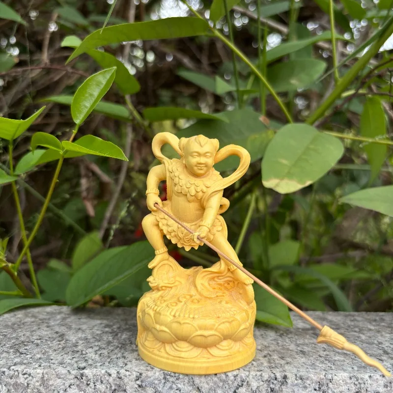 Hand-Carved Boxwood Nezha Prince Statue - 3.9