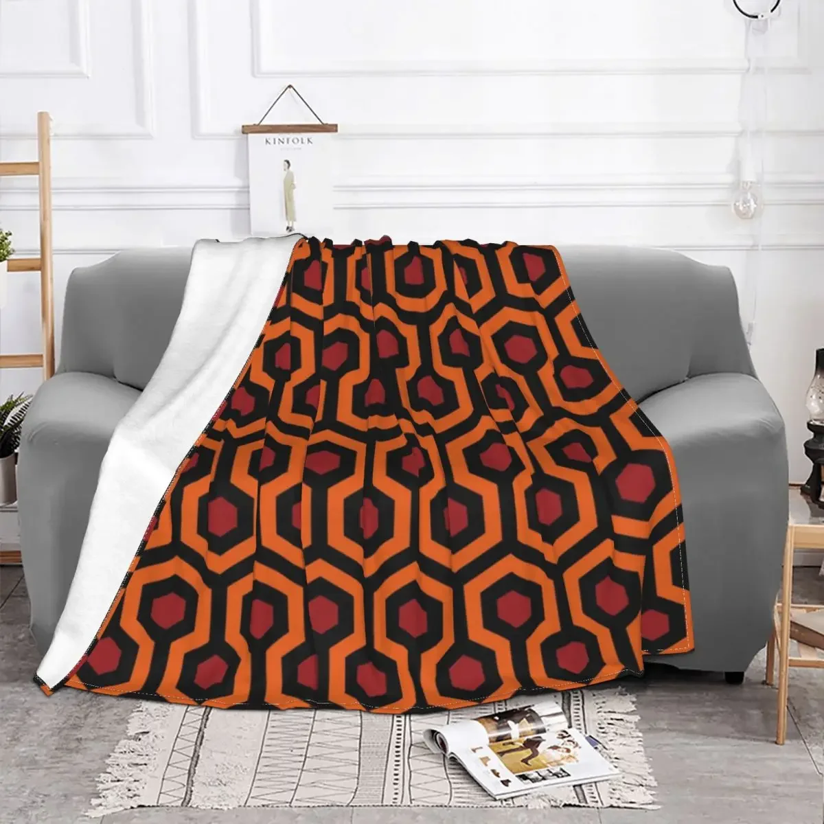 Orange Shining Looped Hexagons Overlook Hotel Carpet Blankets Soft Flannel Vintage Geometric Throw Blanket for Couch Car Bedroom