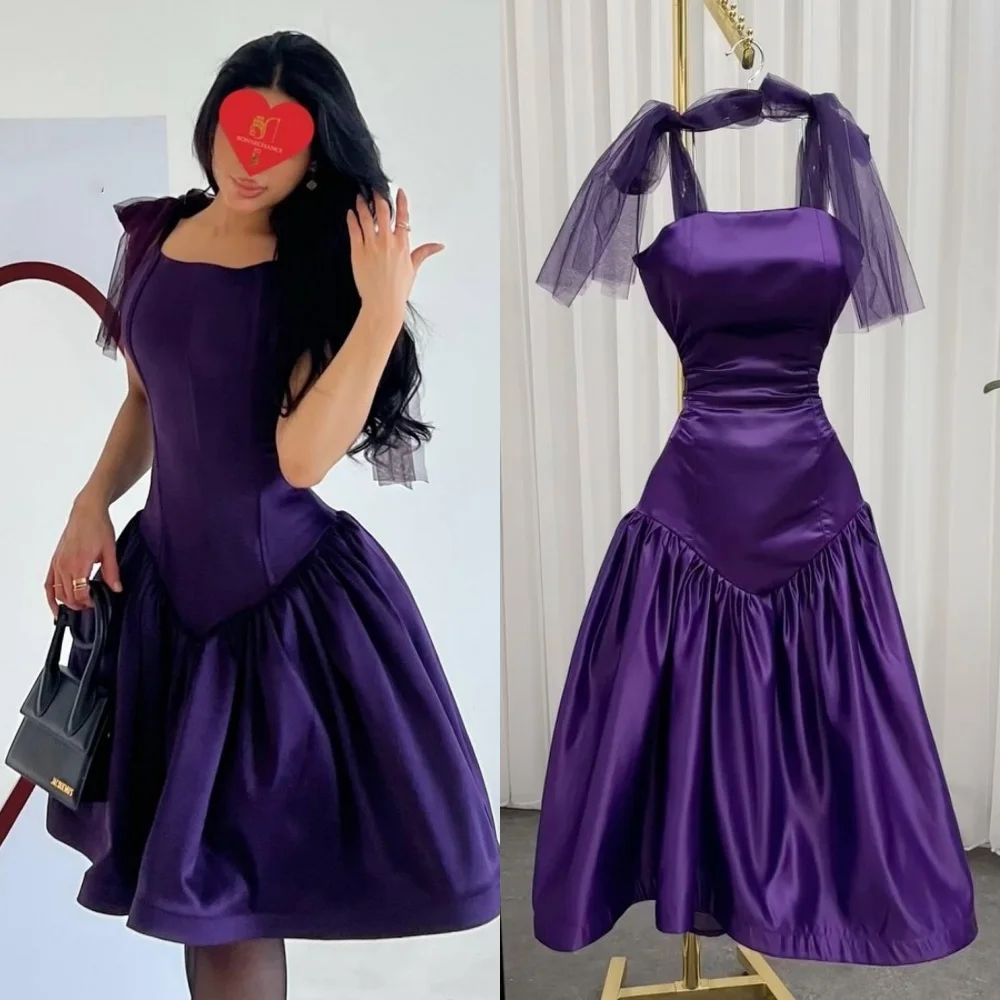 

Customized Sizes Available Simple Pleat Ruched A-line Square Neck Short Dresses Bespoke Occasion Dresses Modern Style Fashion