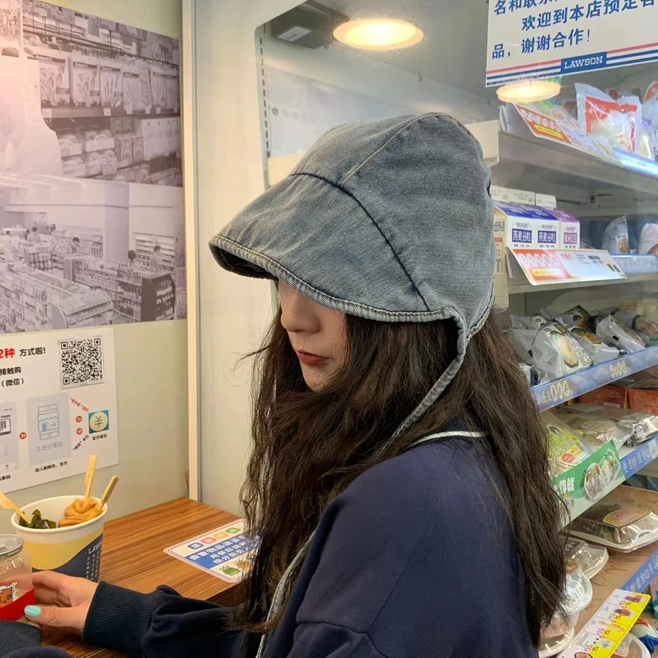 2024 neue Japanische und Koreanische Retro Denim Eimer Hut frauen Mode Krawatte Vier Jahreszeiten Gewaschen Denim Becken Hut Kurze krempe Sonnenhut – Detail 4