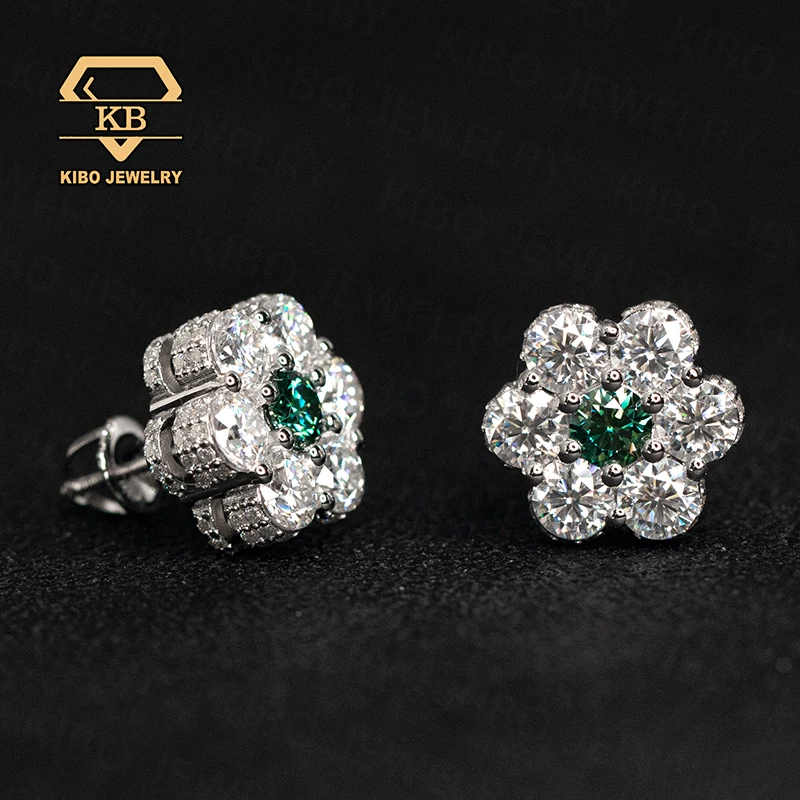 

Kibo luxury quality jewelry 925 Sterling Silver White and Green VVS Moissanite Diamond Screw Stud Flower Earrings